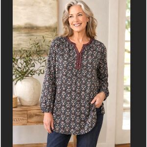 Pure Jill Embroidered Knit Tunic XL Petite Floral Printed Top Cotton Long Sleeve